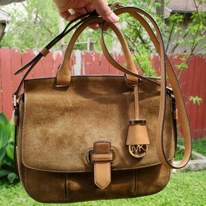 MICHAEL KORS Romy Large Suede Crossbody Bag Brown | Fold-Over Flap Top Handle